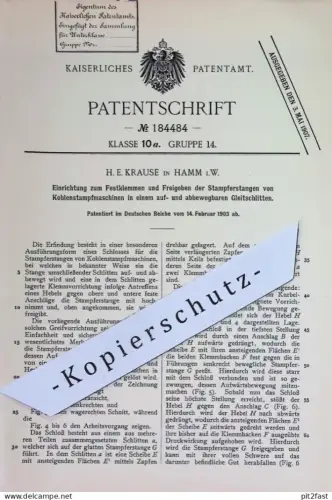original Patent - H. E. Krause , Hamm / Westfalen | 1903 | Stampferstangen von Kohlenstampfmaschinen | Kohle , Brikett !