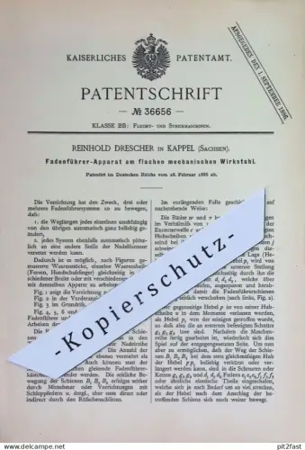 original Patent -  Reinhold Drescher , Kappel , Sachsen | 1886 | Fadenführer am mechanischen Wirkstuhl | Weben , Weberei