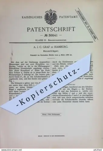 original Patent - A. J. C. Graf , Hamburg | 1886 | Hosenträger | Hose , Hosen , Schneider , Gürtel , Mode
