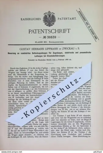 original Patent - Gustav Hermann Lippmann , Zwickau i. S. | 1886 | Seitenkupplung für Zugstangen an Eisenbahn | Kupplung