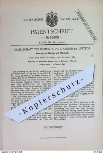 original Patent - Gesellschaft Vieille Montagne , Chenee , Lüttich , Belgien | 1885 | Röstofen m. Rührwerk | Ofen , Öfen