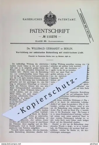 original Patent - Dr. Willibald Gebhardt , Berlin | 1898 | ambulante Behandlung mit elektr. Licht | Rotlicht , Medizin !