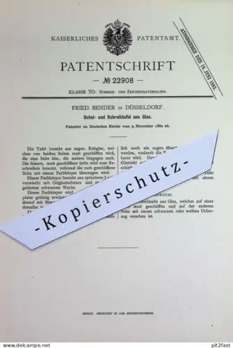 original Patent - Fried. Bender , Düsseldorf | 1882 | Schultafel u. Schreibtafel aus Glas | Tafel , Schule , Glaserei