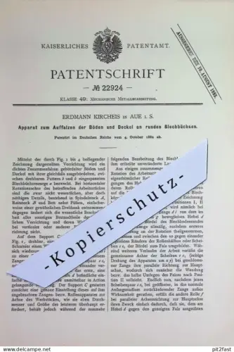 original Patent - Erdmann Kircheis , Aue i. S. | 1882 | Blechbüchsen auffalzen | Blechdose , Blech Dose , Dosen | Metall