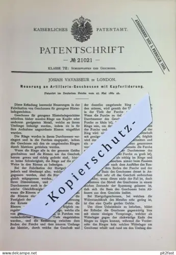 original Patent - Josiah Vavasseur , London | 1882 | Artillerie - Geschosse für Hinterladegeschütz | Geschütz , Waffen !