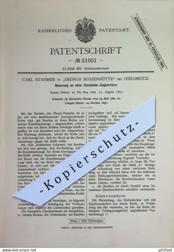 original Patent - Carl Stahmer , Georgsmarienhütte / Osnabrück | 1882 | Eisenbahn Zugbarrière | Barriere | Zug Lok Bahn