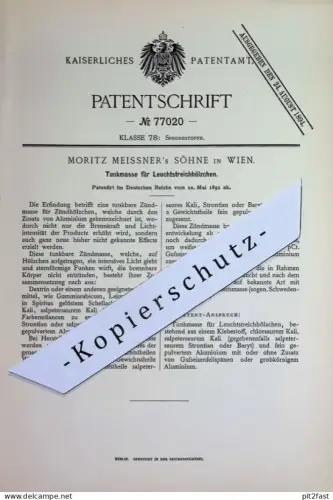 original Patent - Moritz Meissner's Söhne , Wien , Österreich | 1892 | Tunkmasse für Leuchtstreichhölzer | Streichholz