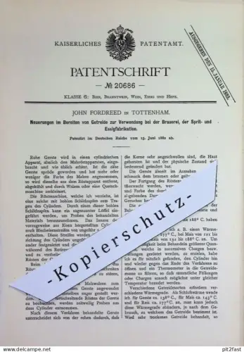 original Patent - John Fordreed , Tottenham , England | 1882 | Getreide für Brauerei , Herstellung von Sprit u. Essig