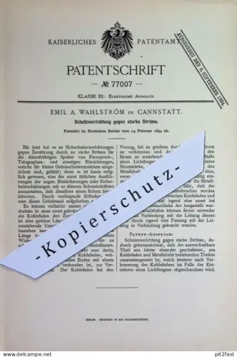 original Patent - Emil A. Wahlström , Stuttgart / Cannstatt | 1894 | Schutz gegen starke Ströme | Strom , Starkstrom !!