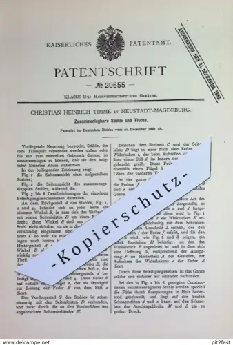 original Patent - Christian Heinrich Timme , Magdeburg / Neustadt 1881 | Klappbare Stühle & Tische | Tisch Stuhl Möbel