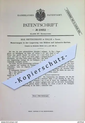 original Patent - Max Nietzschmann , Halle / Saale | 1882 | Lagerung von Stäben auf Jalousie - Gurt | Rollladen , Rollo