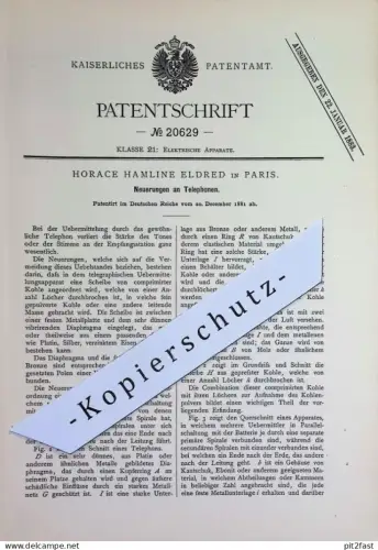 original Patent - Horace Hamline Eldred , Paris , Frankreich | 1881| Telefon , Telephon | Telegraphie , Elektrik , Strom