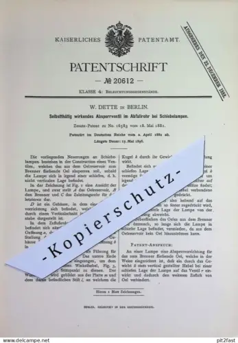 original Patent - W. Dette , Berlin | 1882 | Absperrventil im Abfallrohr bei Schiebelampen | Öllampe , Laterne , Brenner