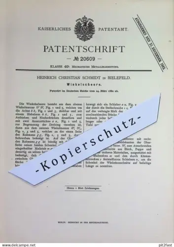 original Patent - Heinrich Christian Schmidt , Bielefeld | 1882 | Winkelschere | Schere , Scheren | Metall , Blechschere