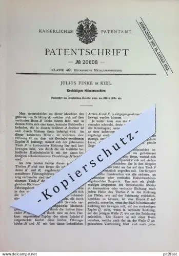 original Patent - Julius Finke , Kiel | 1882 | Kreisbögen - Hobelmaschine | Hobel , Metall , Metallbearbeitung , Fräse !