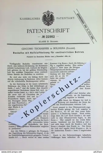 original Patent - Giacomo Tscharner , Bologna , Italien | 1882 | Backofen mit Heißluftheizung | Ofen , Bäckerei , Bäcker