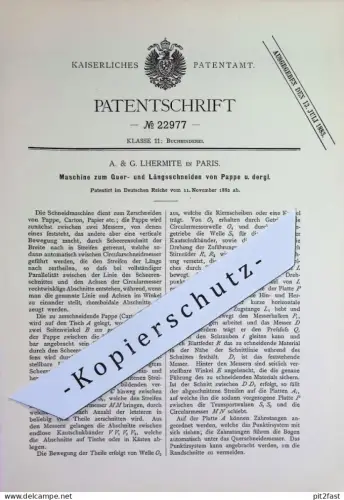 original Patent - A. & G. Lhermite , Paris , Frankreich | 1882 | Quer- u. Längsschneiden von Pappe | Karton , Papier !!