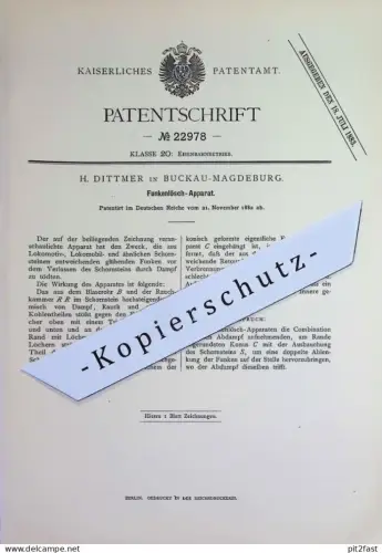 original Patent - H. Dittmer , Magdeburg / Buckau | 1882 | Funkenlöschapparat | Funken löschen | Eisenbahn , Lokomotive