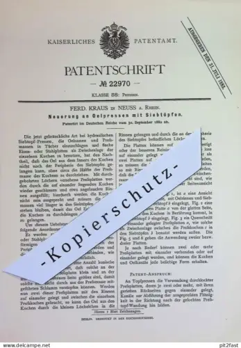 original Patent - Ferd. Kraus , Neuss / Rhein | 1882 | Ölpressen mit Siebtöpfen | Ölpresse | Öl - Presse | Pressen !!