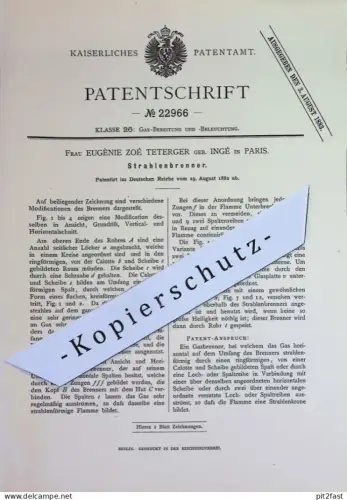 original Patent - Eugènie Zoé Teterger , geb. Ingé , Paris , Frankreich | 1882 | Strahlenbrenner | Brenner , Gasbrenner