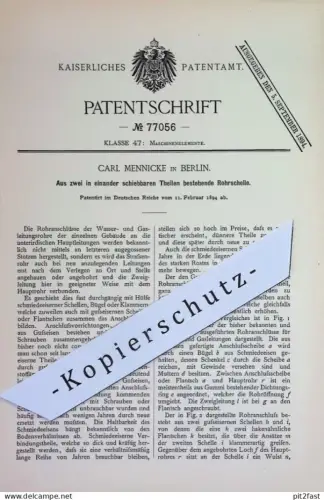 original Patent - Carl Mennicke , Berlin | 1894 | Rohrschelle | Rohr - Schelle | Schellen , Rohre | Maschinenbau Röhren