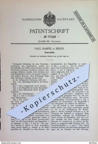 original Patent - Paul Hampel , Berlin | 1893 | Vexierschloss | Schloss , Schlösser , Vorhängeschloss | Kiste , Truhe !!
