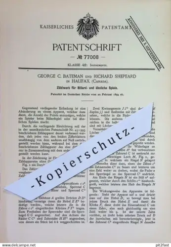 original Patent - George C. Bateman , Richard Shepeard , Halifax , Canada | 1894 | Zählwerk für Billard u. a. Spiele !!