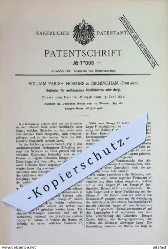 original Patent - William Parish Hoskins , Birmingham England | 1894 | Geländer f. klappbare Schiffsbetten | Schiff Bett