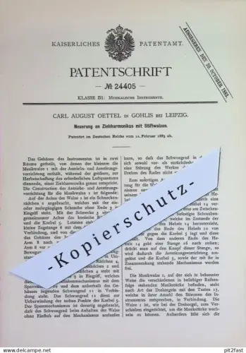 original Patent - Carl August Oettel , Leipzig / Gohlis | 1883 | Ziehharmonika mit Stiftwalzen | Musikinstrument , Musik