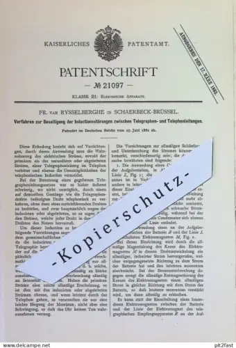 original Patent - Fr. van Rysselberghe , Schaerbeck Brüssel , Belgien | 1882 | Leitung für Telegraph & Telefon | Strom