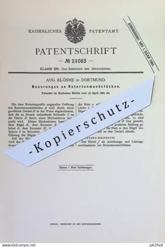 original Patent - Aug. Klönne , Dortmund | Retortenmundstück | Retorten - Mundstück | Retorte | Gas , Gase !!