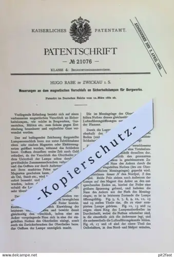 original Patent - Hugo Rabe , Zwickau | 1882 | Magnet - Verschluss an Sicherheitslampe für Bergwerke | Grubenlampe Lampe