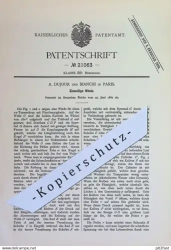 original Patent - A. Dujour und Bianchi , Paris , Frankreich | 1882 | Einwellige Winde | Winden , Hebezeug , Flaschenzug