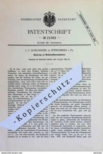 original Patent - J. C. Schloesser , Königsberg Preußen | 1882 | Medizinalthermometer | Quecksilber Thermometer Medizin