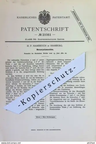 original Patent - H. F. Hambruch , Hamburg | 1882 | Messerputzmaschine | Messer - Putzmaschine | Klingen | Besteck !!