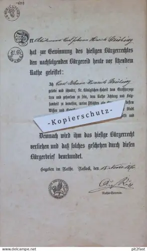 Rostock i. Mecklenburg , 1870 , Urkunde / Ausweis , Bürgerbrief , C. Strübing !!