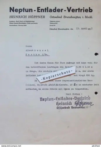 altes Dokument - Brunshaupten i. Mecklenburg , 1937 , Neptun-Entlader , Reklame / Werbung !!