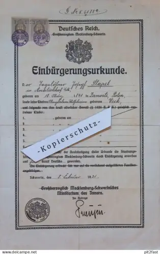 Einbürgerungs-Urkunde Schwerin i. Mecklenburg , 1921 , Amalienhof i.M. , J. Stapel geb. Vick in Zamosti !!