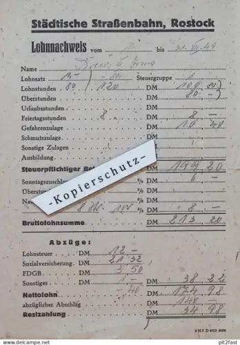 Straßenbahn Rostock i. Mecklenburg , 1949 , Lohnnachweis , Eisenbahn !!