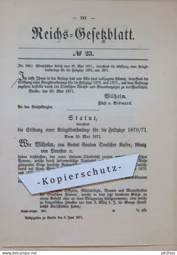 Kriegsgedenkmünze 1870/71 , Gesetzblatt  , Feldzüge , Preußen !!