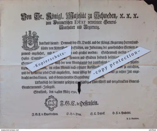 Urkunde - Stralsund 1790 - König von Schweden , Estat Pommern , Mecklenburg !!
