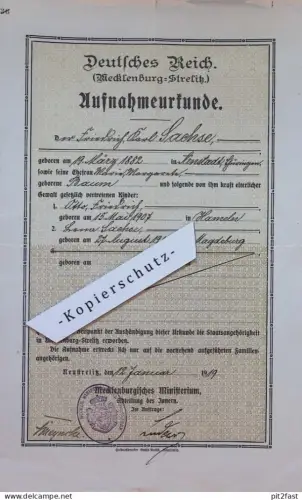 Urkunde - Mecklenburg Strelitz , 1919 , Friedrich in Hameln und F. Sachse in Magdeburg M. Baum in Arnstadt , Neustrelitz
