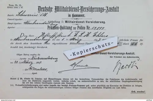 Deutsche Militairdienst-Versicherung , 1897 , A.v. Mulsow in Neubrandenburg !!