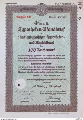 Hypotheken - Pfandbrief , 1938 , Schwerin i. Mecklenburg , Hypothek 100 RM !!