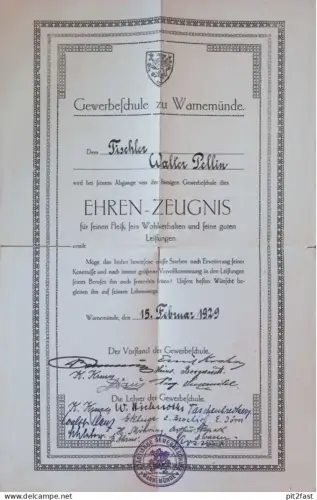 Ehren-Zeugnis , Warnemünde i. Mecklenburg , 1929 , Walter Pellin , Tischlerei , Tischler , Rostock !!
