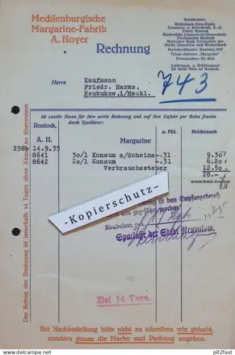 Margarine Fabrik - A. Hoyer in Rostock i. Mecklenburg , 1935 , Rechnung an F. Harms in Neubukow !!