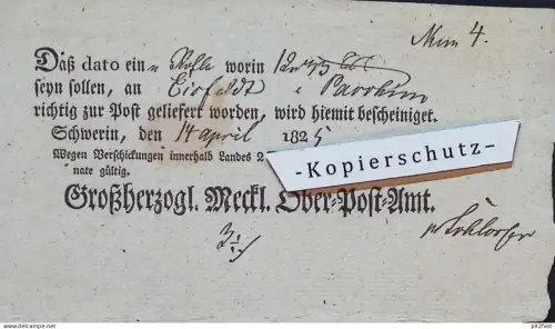 Post-Beleg Schwerin , 1825 , an F. Eisfeldt in Parchim , Ober-Post-Amt in Mecklenburg
