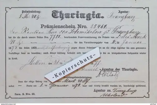 Prämienschein - von Schmiterlöw in Franzburg i. Mecklenburg , 1877 , Stettin i. Pommern , Thuringia