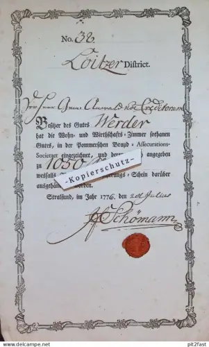 Loitzer District , Stralsund , 1776 , für das Gut Werder , Loitz , J. Schömann , mit Siegel !