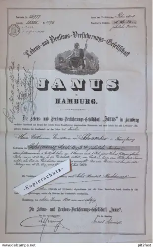 riesige Police , von Schmiterlöw in Franzburg i. Mecklenburg , 1884 , Versicherung Janus Stettin , Hamburg !!ca. 495x310